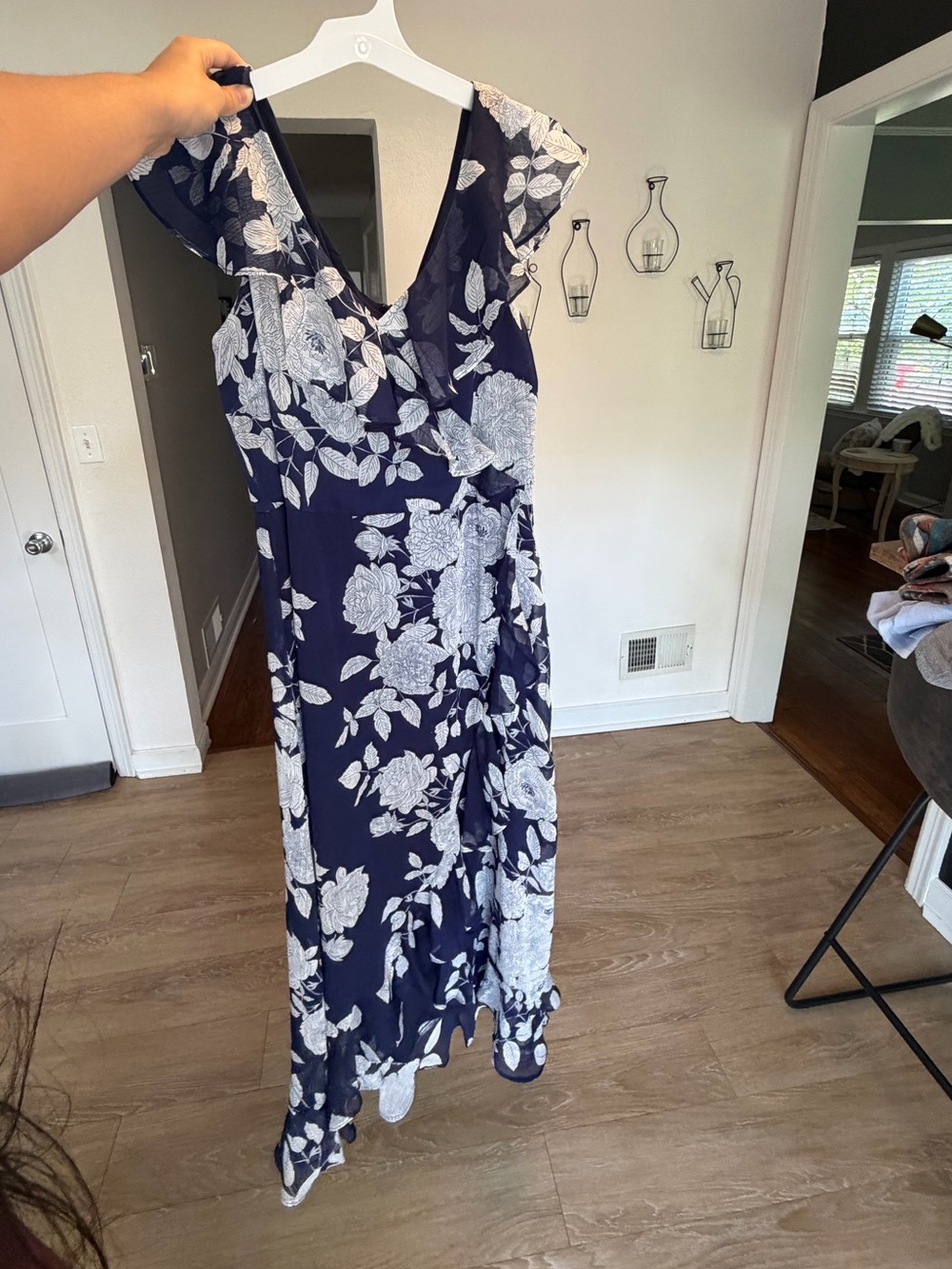 London Times Navy and White Floral High-Low Maxi Dress